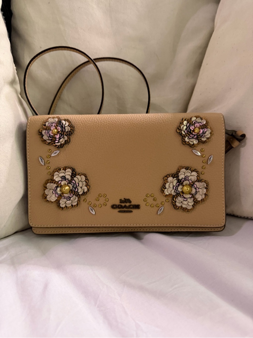 Coach Beige Floral Appliqué Crossbody Bag with Gold Accents